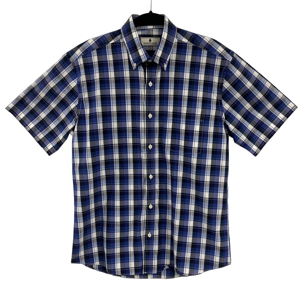 Southern Pines Mens Blue White Short Sleeve Button Down Medium